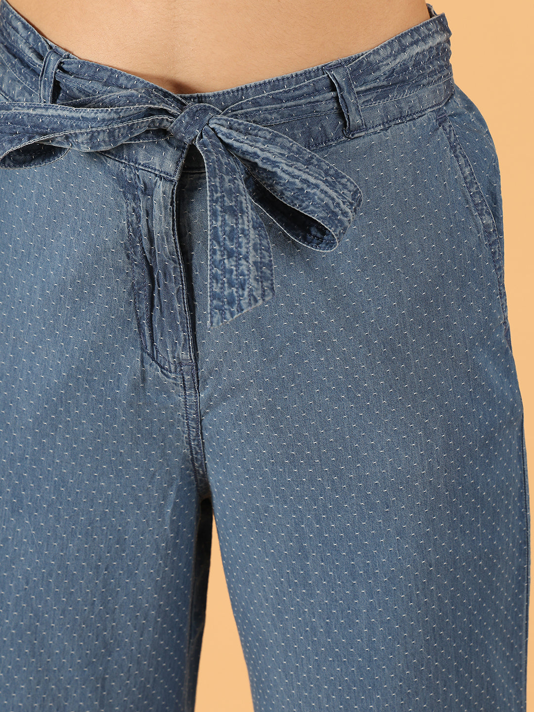 Blue Polka-Dot Print Cotton Culottes with Waist Tie Wide leg
