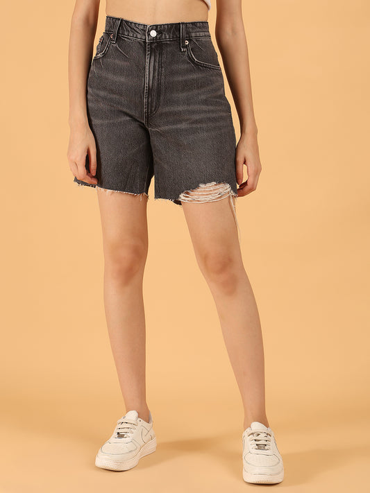 Distressed Black High-Rise Denim Shorts