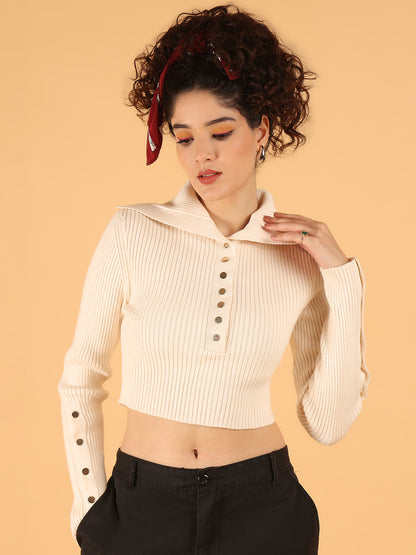 Acrylic Full Sleeve Cream Ribbed Buttoned Crop Sweater