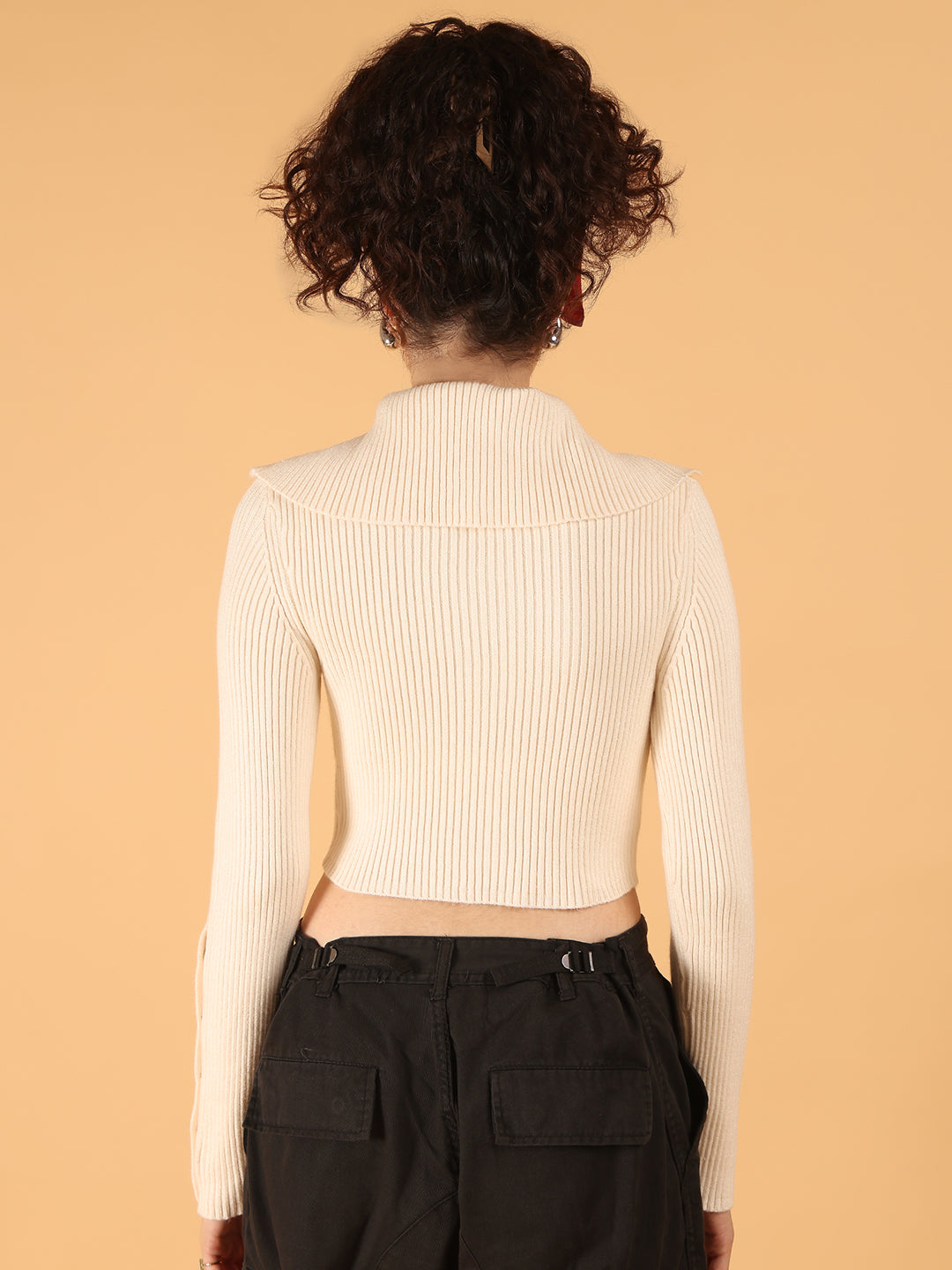 Acrylic Full Sleeve Cream Ribbed Buttoned Crop Sweater