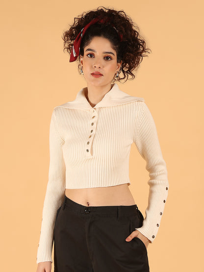 Acrylic Full Sleeve Cream Ribbed Buttoned Crop Sweater