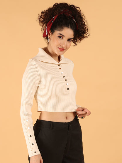 Acrylic Full Sleeve Cream Ribbed Buttoned Crop Sweater