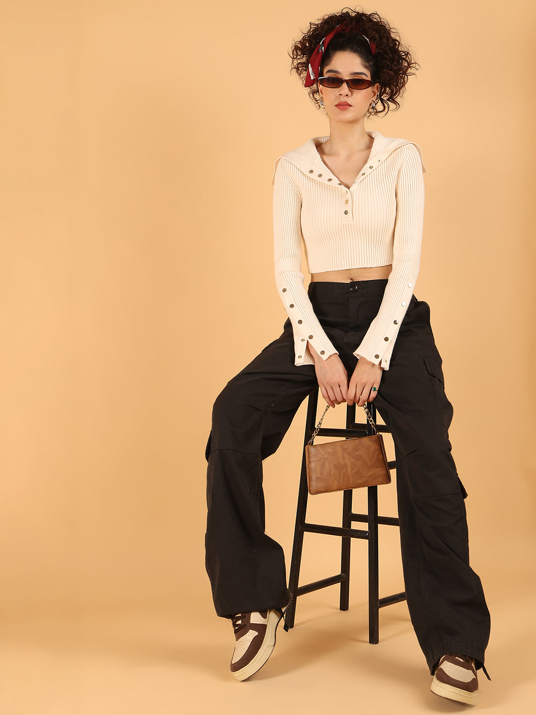 Acrylic Full Sleeve Cream Ribbed Buttoned Crop Sweater