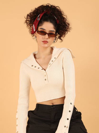 Acrylic Full Sleeve Cream Ribbed Buttoned Crop Sweater