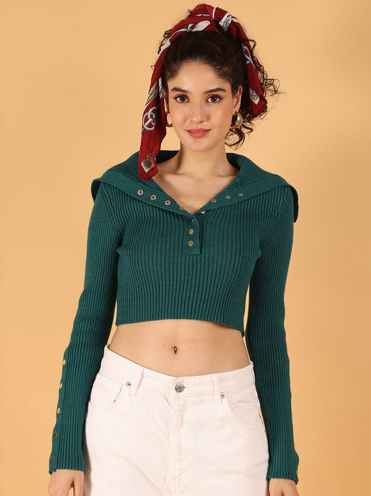 Acrylic Full Sleeve Dark Green Ribbed Buttoned Crop Sweater