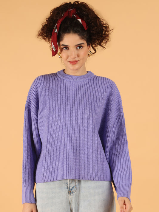 Acrylic Full Sleeve with Crew Neck Purple Relaxed Fit Ribbed Sweater