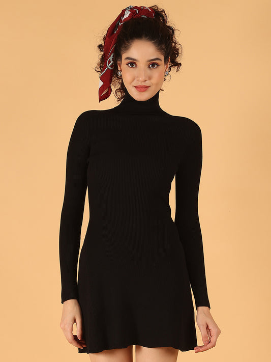 Acrylic Full Sleeve with Turtle Neck Mini Black Ribbed Bodycon Dress