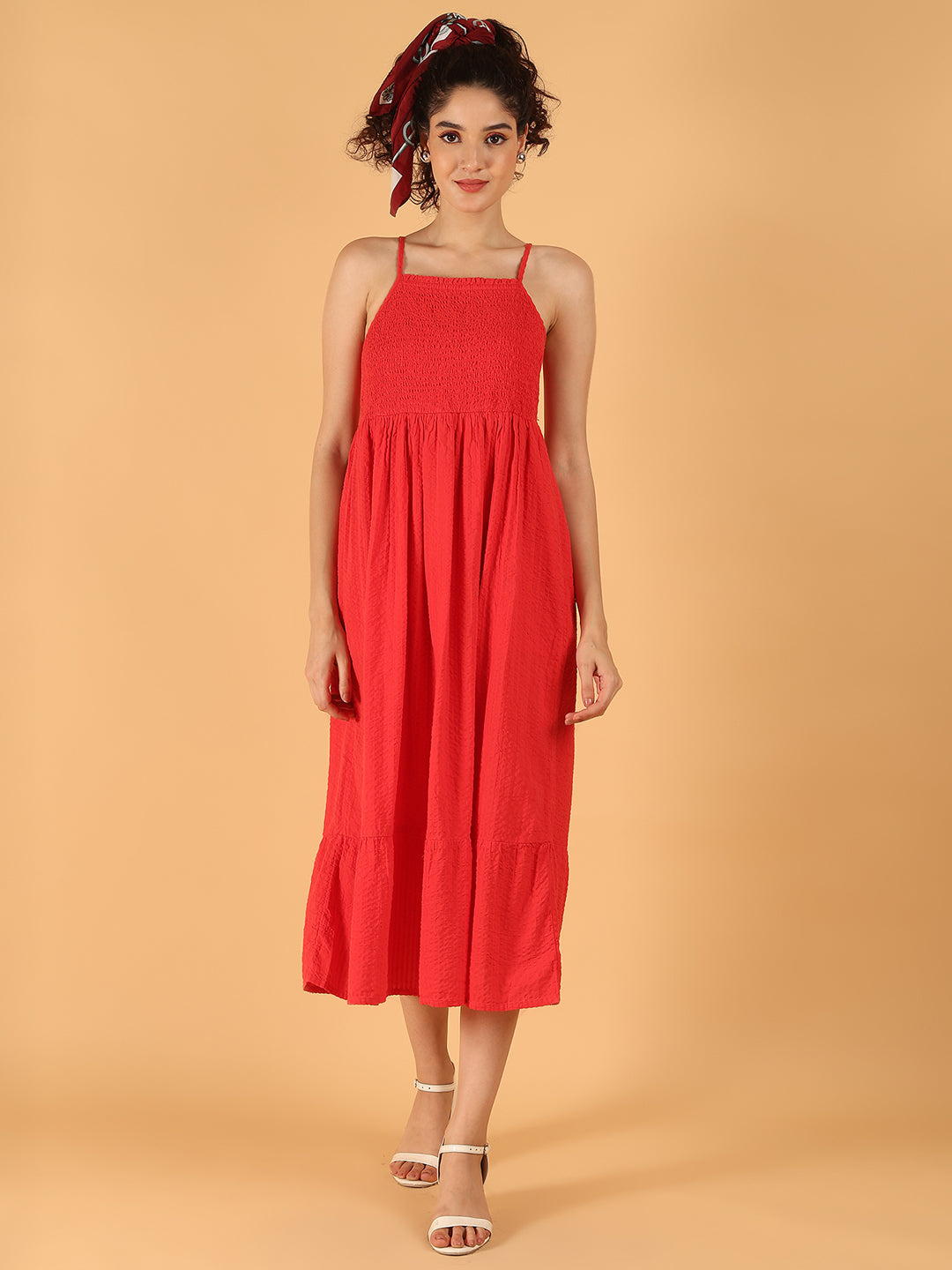 Cotton Smocked Summer Vibe Midi Dress – Red
