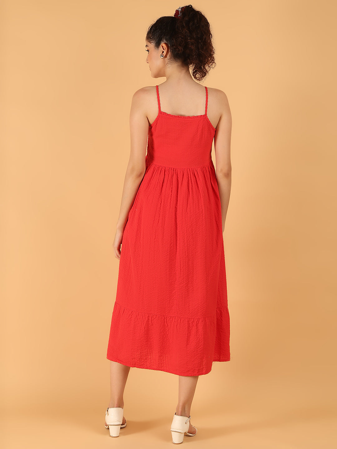 Cotton Smocked Summer Vibe Midi Dress – Red