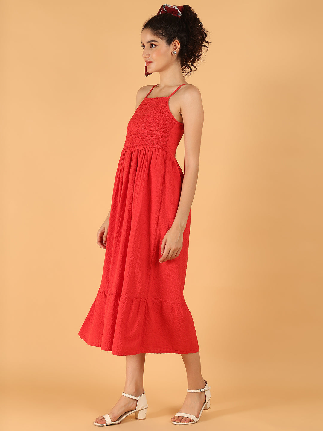 Cotton Smocked Summer Vibe Midi Dress – Red