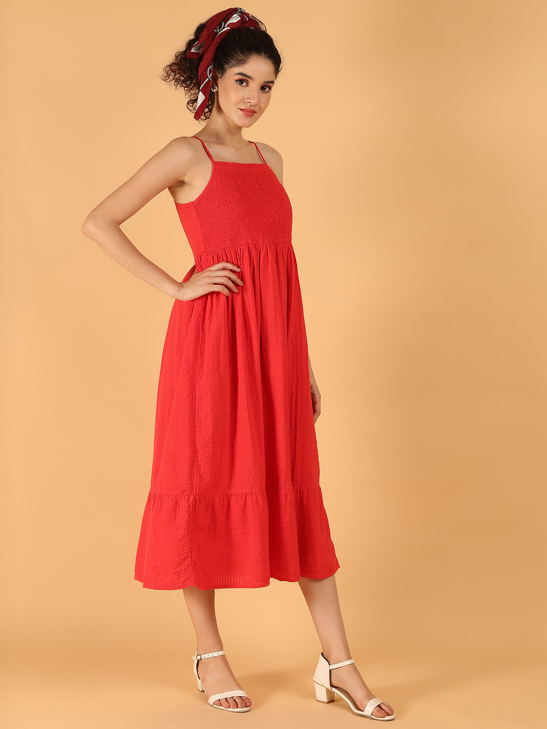 Cotton Smocked Summer Vibe Midi Dress – Red