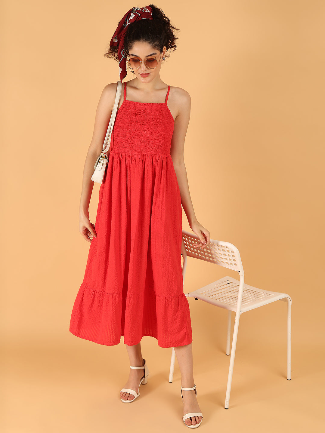 Cotton Smocked Summer Vibe Midi Dress – Red