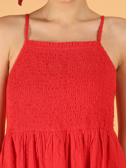 Cotton Smocked Summer Vibe Midi Dress – Red