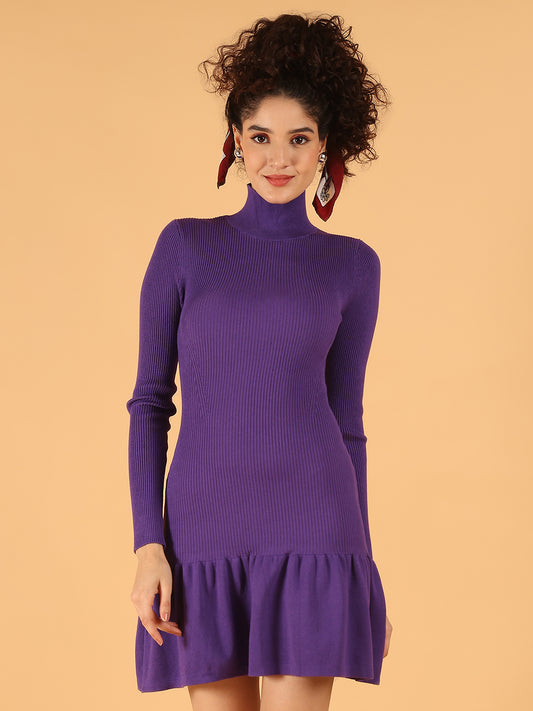 Acrylic Purple High Neck Bodycon Mini Dress with Ruffled Hem