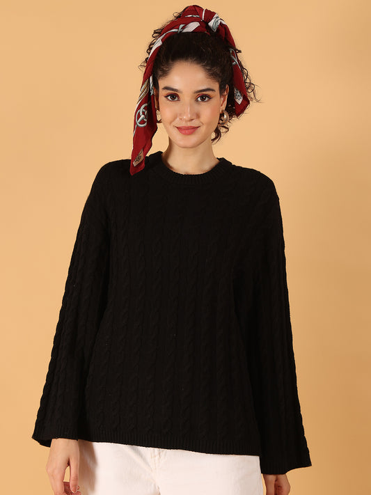 Viscose Black Cable Knit Baggy Style Sweater