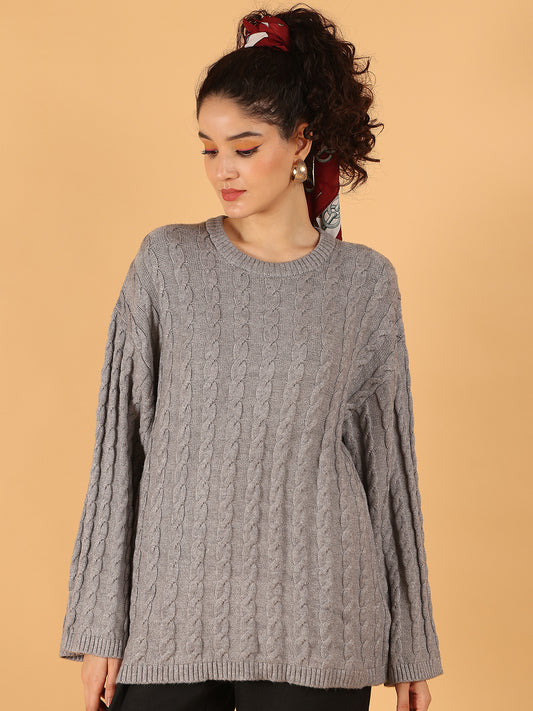 Viscose Grey Cable Knit Baggy Style Sweater