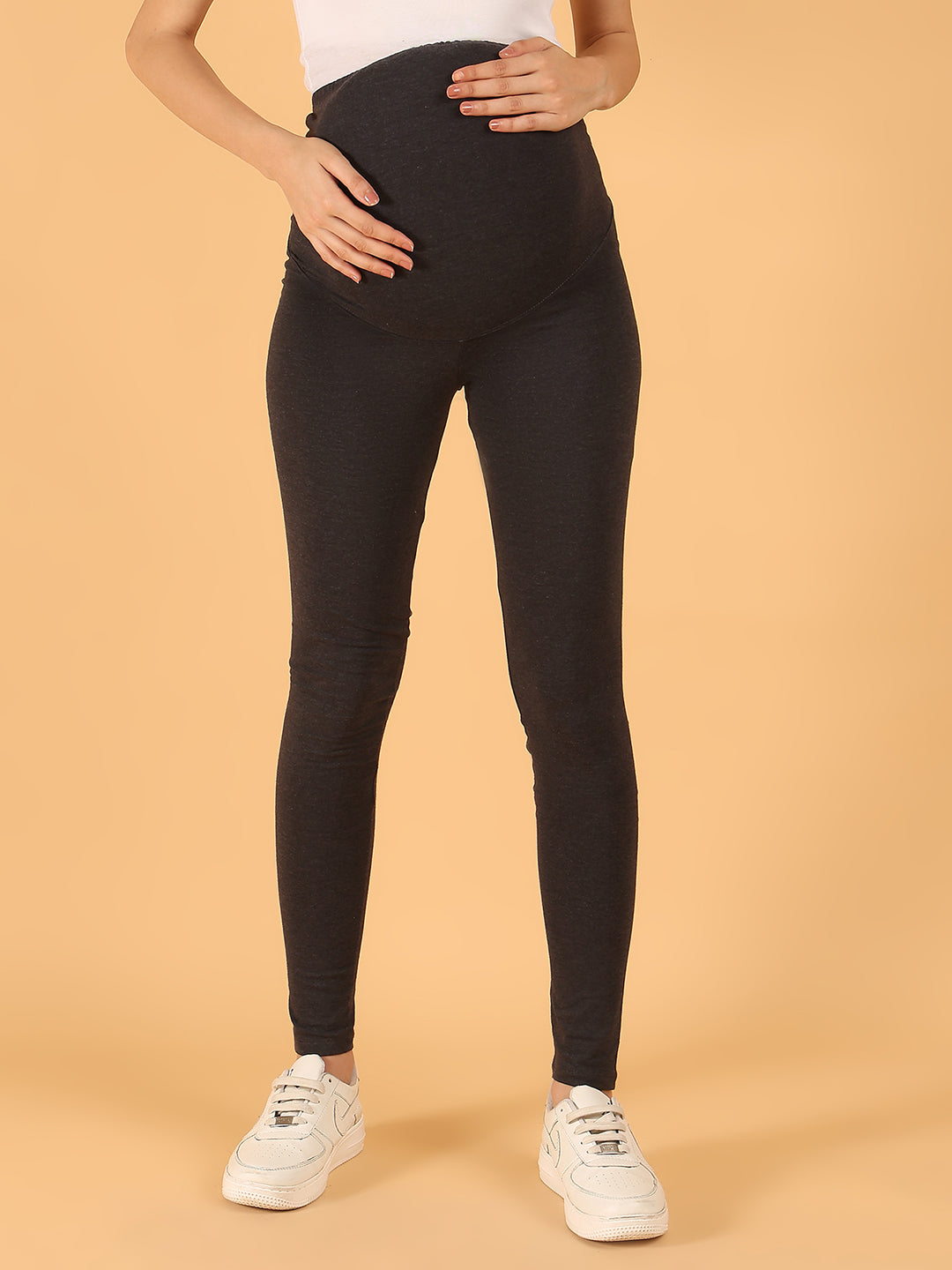 Cotton Comfort Fit Maternity Leggings with Over-Bump Panel – Grey