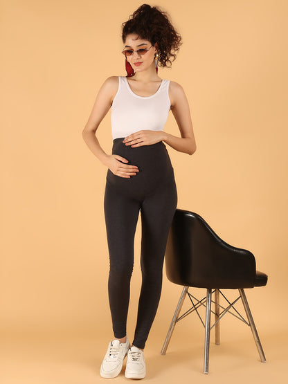 Cotton Comfort Fit Maternity Leggings with Over-Bump Panel – Grey