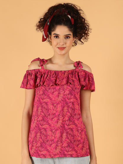 Off-Shoulder Ruffle Top – Pink Leaf Print | 100% Viscose