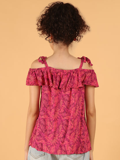 Off-Shoulder Ruffle Top – Pink Leaf Print | 100% Viscose