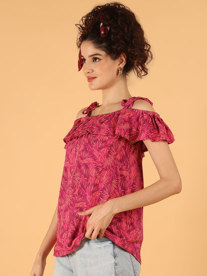 Off-Shoulder Ruffle Top – Pink Leaf Print | 100% Viscose