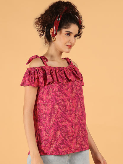 Off-Shoulder Ruffle Top – Pink Leaf Print | 100% Viscose