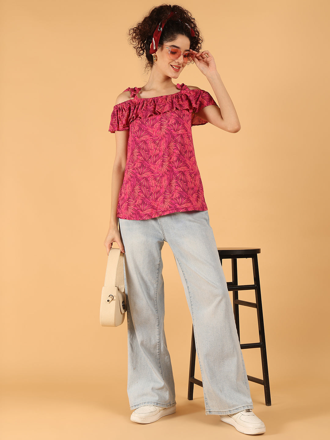 Off-Shoulder Ruffle Top – Pink Leaf Print | 100% Viscose