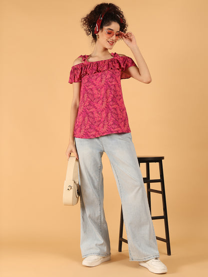Off-Shoulder Ruffle Top – Pink Leaf Print | 100% Viscose