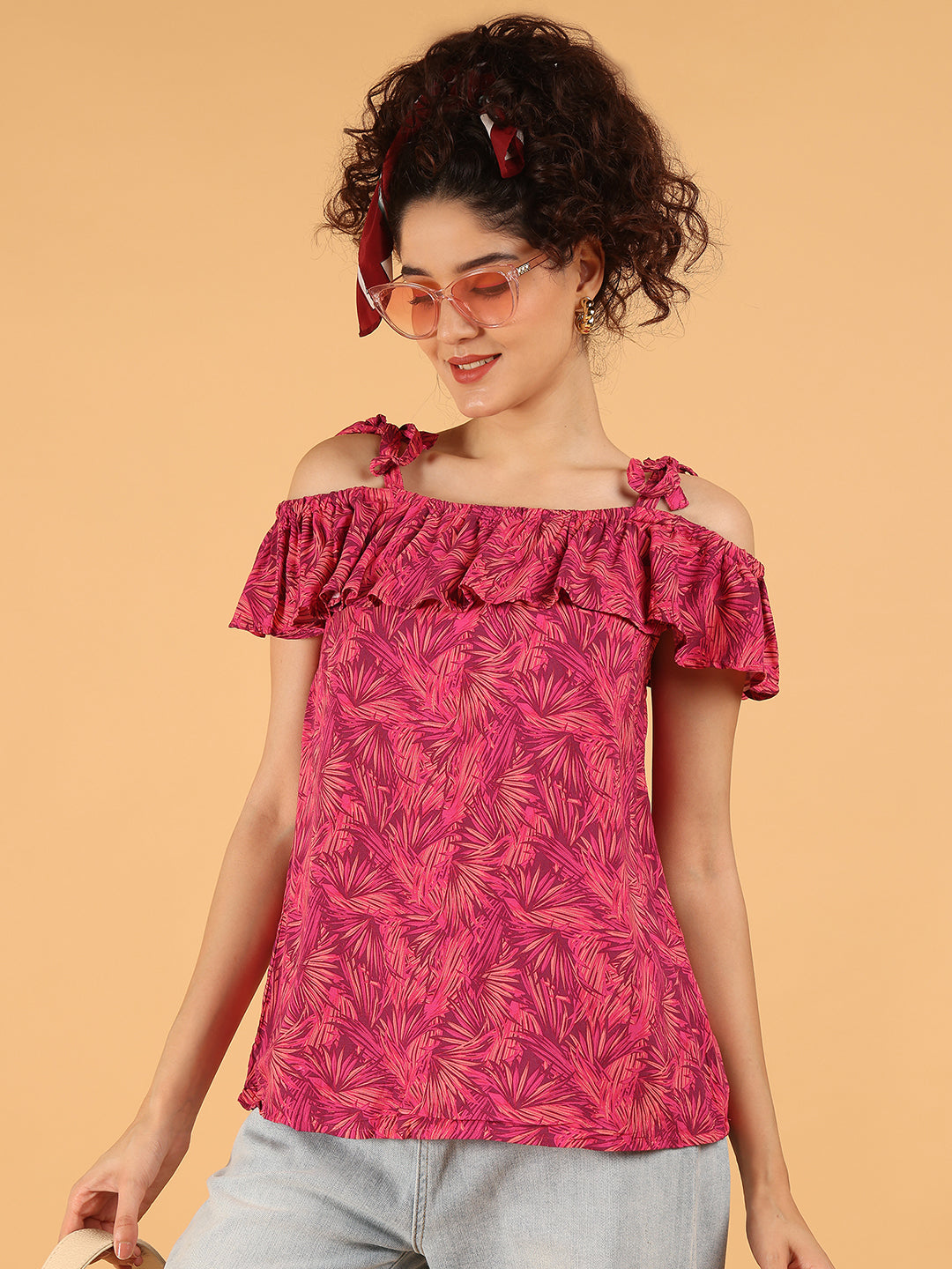 Off-Shoulder Ruffle Top – Pink Leaf Print | 100% Viscose
