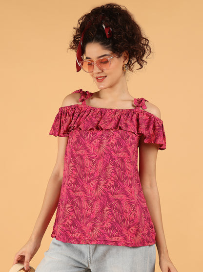 Off-Shoulder Ruffle Top – Pink Leaf Print | 100% Viscose