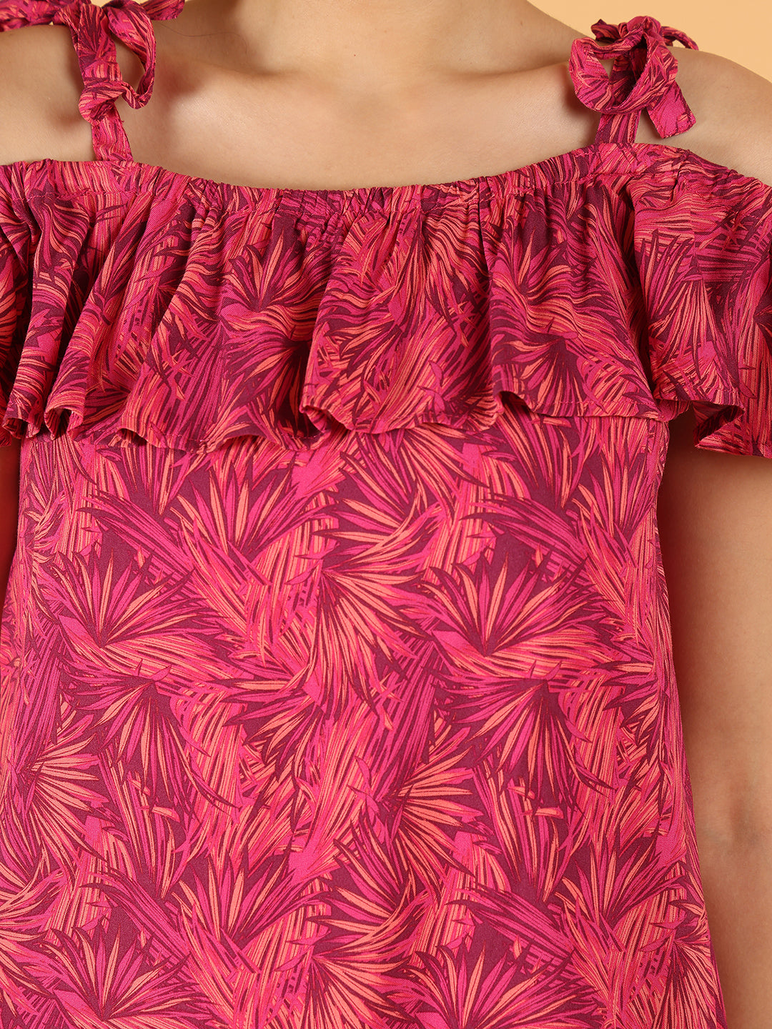 Off-Shoulder Ruffle Top – Pink Leaf Print | 100% Viscose