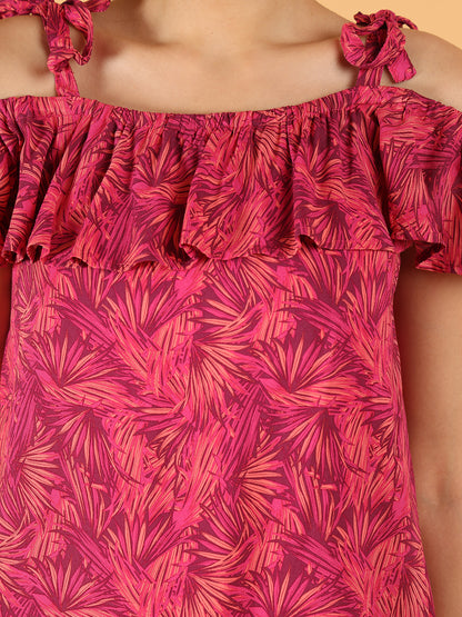Off-Shoulder Ruffle Top – Pink Leaf Print | 100% Viscose