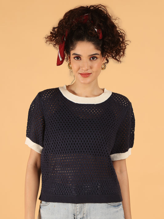 Acrylic Dark Blue Open-Knit Short Sleeve Sweater