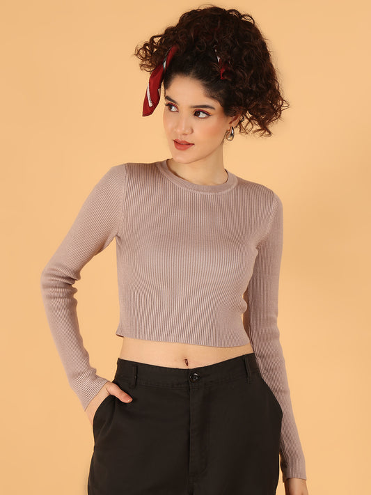 Viscose Full Sleeve Cedar Ribbed Stretchable Cropped Knit Sweater