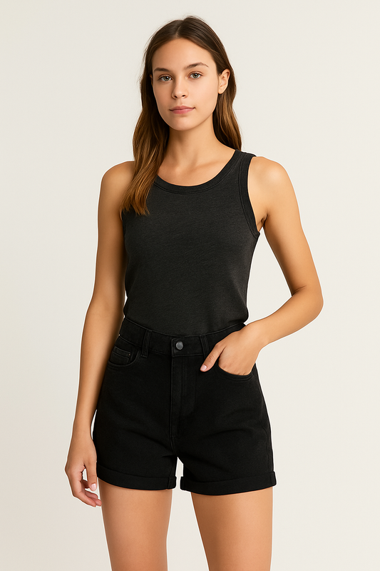 Cotton Black High-Waist Denim Shorts