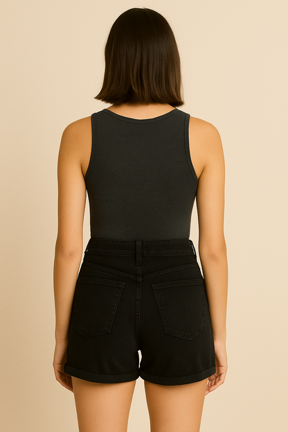 Cotton Black High-Waist Denim Shorts