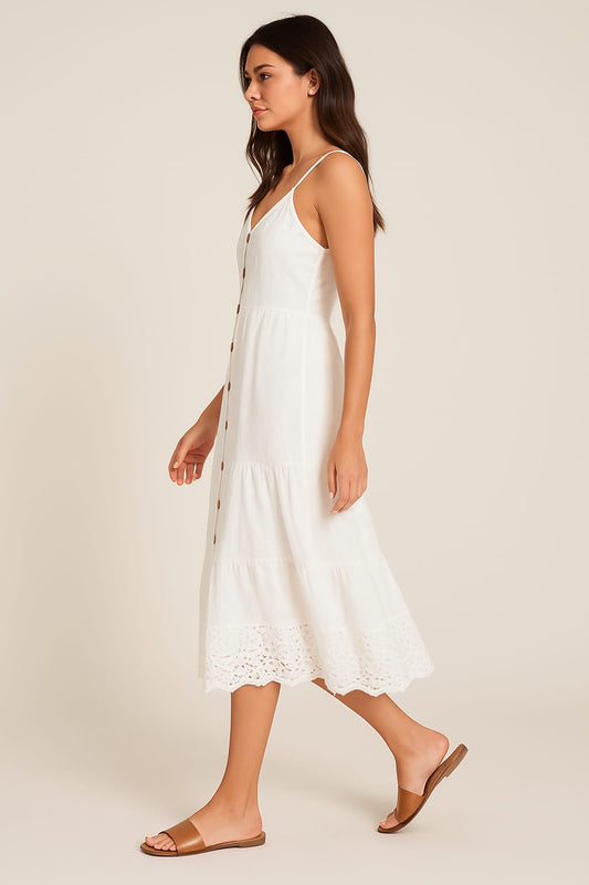 White Cotton Button-Down Midi Dress
