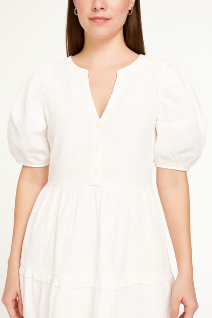White Cotton Puff Sleeve Tiered Midi Dress
