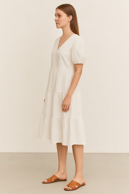 White Cotton Puff Sleeve Tiered Midi Dress
