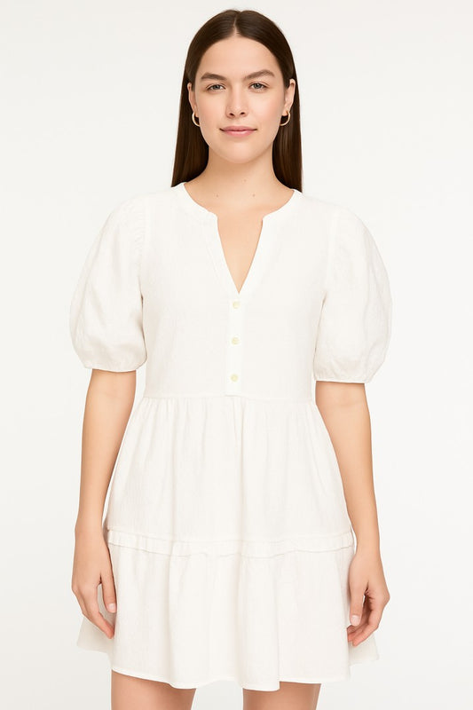 White Cotton Puff Sleeve Tiered Midi Dress