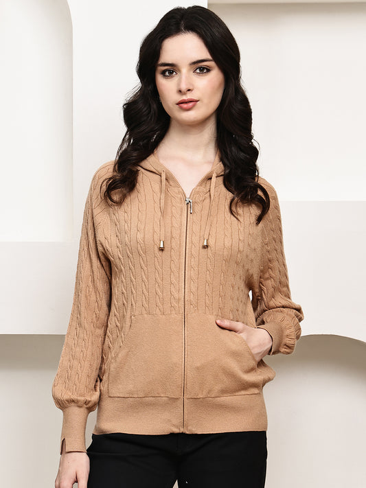 Rayon Cable Knit Zip-Up Hoodie – Brown