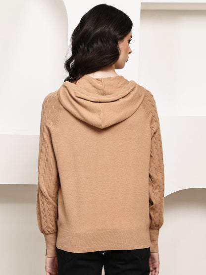 Rayon Cable Knit Zip-Up Hoodie – Brown