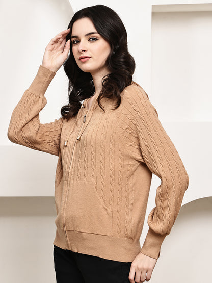 Rayon Cable Knit Zip-Up Hoodie – Brown