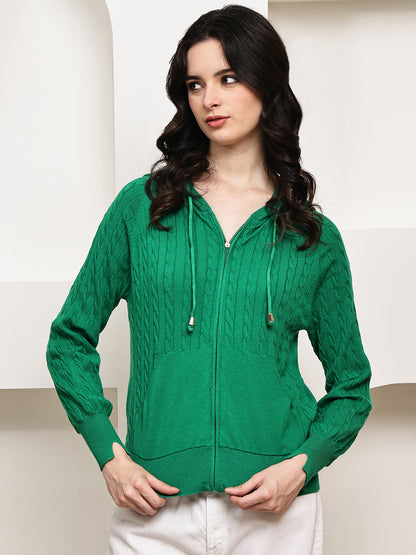 Rayon Cable Knit Zip-Up Hoodie – Green