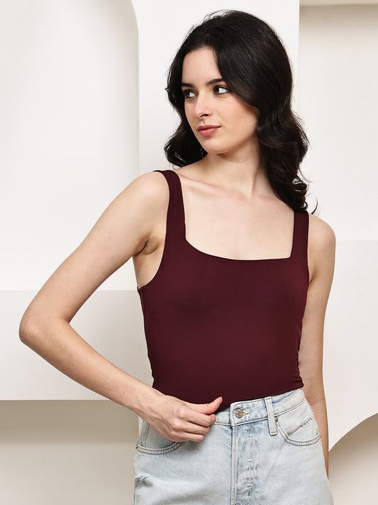 Polyester Square Neck Stretch Tank Top – Wine