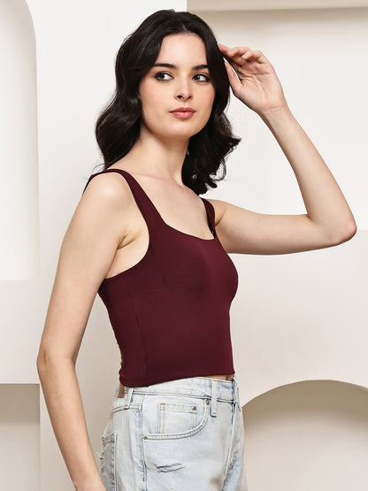 Polyester Square Neck Stretch Tank Top – Wine