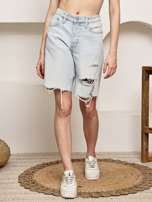 Light Blue Distressed Knee-Length Denim Shorts