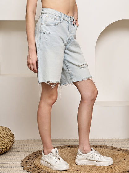 Light Blue Distressed Knee-Length Denim Shorts