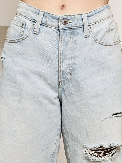 Light Blue Distressed Knee-Length Denim Shorts