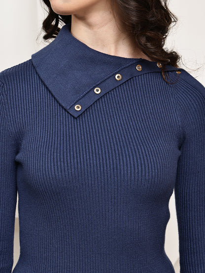 Nylon Button Detail Ribbed Midi Knit Dress – Dark Blue